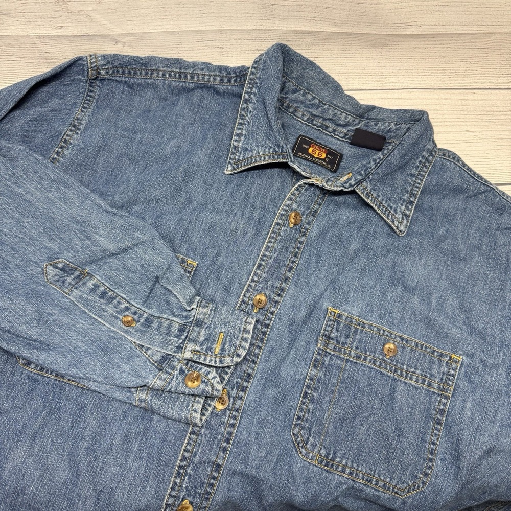 Vintage Route 66 Blue Jean Denim Long Sleeve Button Shirt 100% Cotton Large